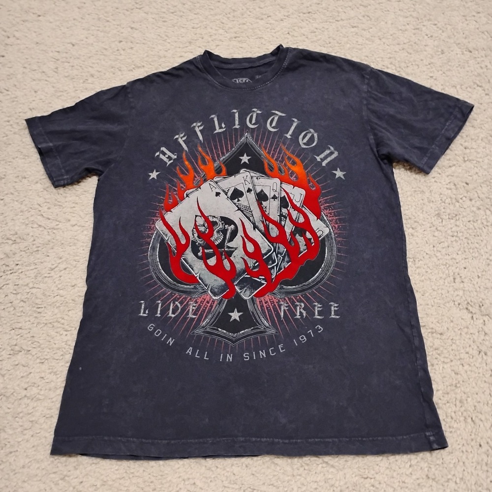 Affliction Shirt Shirt Mens Medium Blue Poker Card Fire Biker Motorcycle Skull